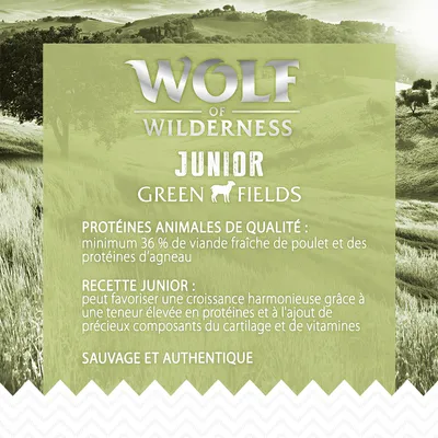 Wolf of Wilderness Junior Green Fields. Protéines animales de qualité : minimum 36 % de viande fraîche de poulet et protéines d’agneau. Recette junior, sauvage et authentique.