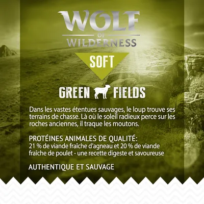 Wolf of Wilderness SOFT Green Fields. Protéines animales de qualité : 21 % viande fraîche d’agneau, 20 % viande fraîche de poulet. Authentique et sauvage.