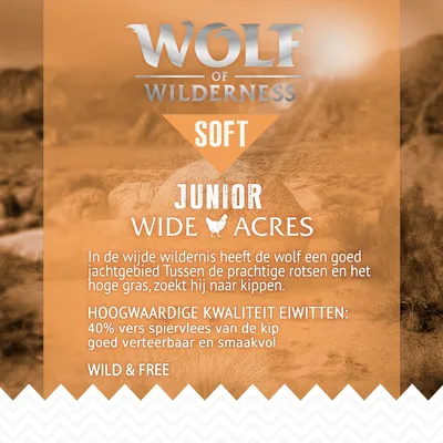 Wolf of Wilderness Soft Junior Wide Acres. 40% vers spiervlees van de kip, goed verteerbaar en smaakvol. Hoogwaardige kwaliteit eiwitten. Wild & Free.