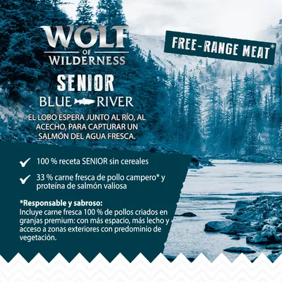 Wolf of Wilderness Senior Blue River. 100 % receta senior sin cereales, 33 % carne fresca de pollo campero y proteína de salmón. Free-range meat. Incluye carne de pollos criados en granjas premium.