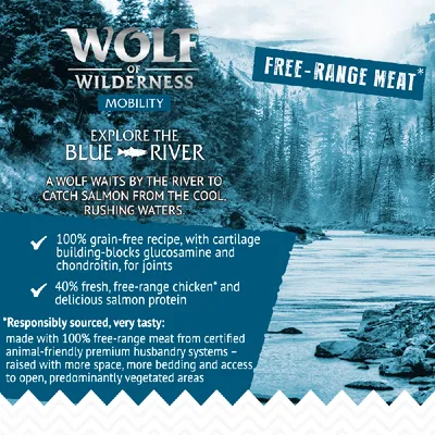 Wolf of Wilderness Mobility Blue River: grain-free recipe with glucosamine and chondroitin for joints, 40% fresh free-range chicken and salmon protein, responsibly sourced meat.