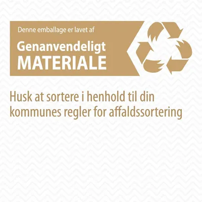 Denne emballage er lavet af genanvendeligt materiale. Husk at sortere i henhold til din kommunes regler for affaldssortering. Denne emballage er lavet af genanvendeligt materiale. Husk at sortere i henhold til din kommunes regler for affaldssortering.