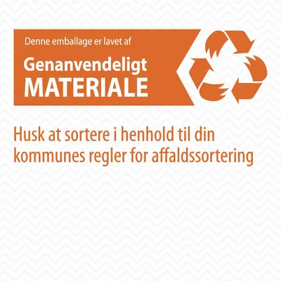 Denne emballage er lavet af genanvendeligt materiale. Husk at sortere i henhold til din kommunes regler for affaldssortering.