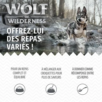 Wolf of Wilderness. Offrez-lui des repas variés ! Pour un repas complet et équilibré, à mélanger aux croquettes pour plus de saveurs, à donner comme récompense entre les repas.