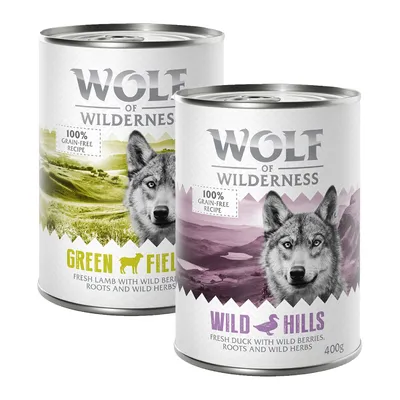 Latas de Wolf of Wilderness: Green Fields (cordero fresco con bayas silvestres, raíces y hierbas) y Wild Hills (pato fresco con bayas silvestres, raíces y hierbas), 100% grain-free. Latas de Wolf of Wilderness: Green Fields (cordero fresco con bayas silvestres, raíces y hierbas) y Wild Hills (pato fresco con bayas silvestres, raíces y hierbas), 100% grain-free.