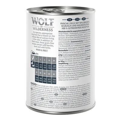 Wolf of Wilderness nedves eledel konzerv, friss kecske erdei bogyókkal, gyökerekkel és vadon termő gyógynövényekkel. Etetési táblázat kutyasúly szerint látható. 100% gabonamentes recept.