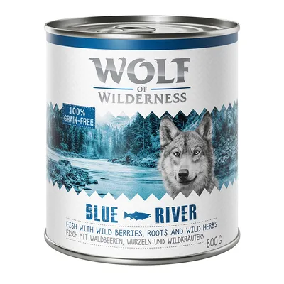 Wolf of Wilderness Blue River, 100% grain-free, 800 g. Texte visible : Fish with wild berries, roots and wild herbs. Illustration de rivière et silhouette de loup.