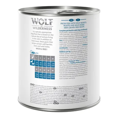 Wolf of Wilderness, tabela dawkowania karmy mokrej dla psów: waga psa od 1 do 80 kg, dzienne porcje od 110 do 2970 g. Skład i opis produktu w języku angielskim.