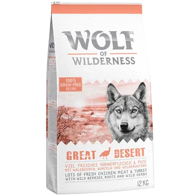 Wolf of Wilderness Great Desert, 12 kg, 100% grain-free recipe, sok friss csirkehússal és pulykával, erdei bogyókkal, gyökerekkel és vadon termő fűszernövényekkel