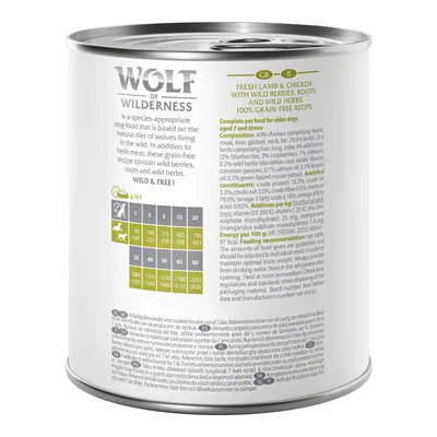 Tabela dawkowania karmy Wolf of Wilderness: waga psa 5–60 kg, dzienne porcje 225–2620 g. Skład analityczny: białko surowe 10,2 %, tłuszcz surowy 5,3 %. Widoczny opis produktu po angielsku.