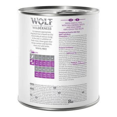 Wolf of Wilderness. Zalecenia żywieniowe dla psów: waga 1–80 kg, dzienne porcje 160–2200 g. Analiza składu: białko 8 %, tłuszcz 7 %, włókno 0,5 %, popiół 2,5 %.