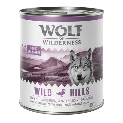 Lata de Wolf of Wilderness Wild Hills, 800 g. Texto visible: 100% grain-free, duck with fruits of the forest, roots and wild herbs.
