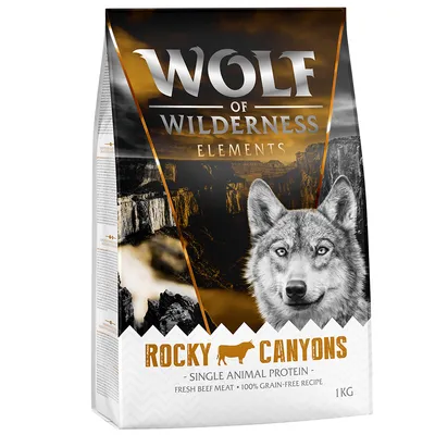 Lot mixte Wolf of Wilderness Croquettes 1 kg + Boîtes 1 x 400 g/ 6 x 400 g - 1 kg Elements Rocky Canyons, bœuf + 400 g Green Fields, agneau