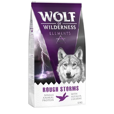 Wolf of Wilderness Elements Rough Storms, single animal protein, con erba medica, 12 kg. Immagine di confezione con fulmini e scritte visibili sul fronte.