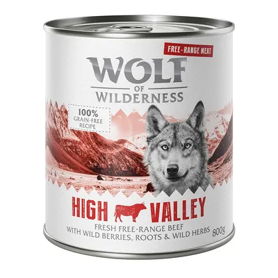 Wolf of Wilderness High Valley, 800 г банка. Свежее пастбищное говядина с лесными ягодами, корнями и травами. 100% беззерновой рецепт.