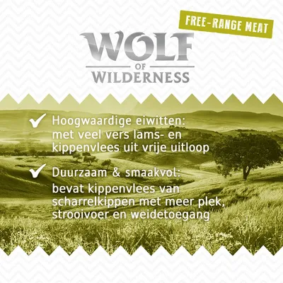 Wolf of Wilderness. Free-range meat. Hoogwaardige eiwitten: met veel vers lams- en kippenvlees uit vrije uitloop. Duurzaam & smaakvol: bevat kippenvlees van scharrelkippen met weidetoegang.