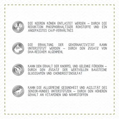 Saksankielinen teksti: Die Nieren können entlastet werden – durch die Reduktion phosphorhaltiger Rohstoffe und ein angepasstes Ca/P-Verhältnis jne. (katso tuotesivun tiedot).