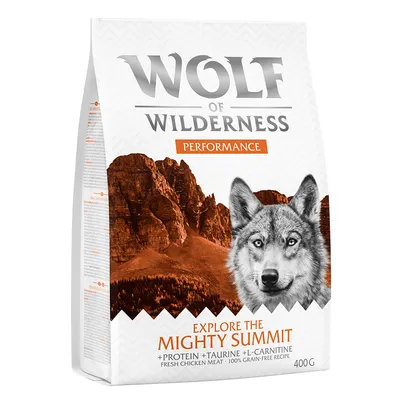 Wolf of Wilderness Performance τροφή για σκύλους, Explore the Mighty Summit, με πρωτεΐνη, ταυρίνη, L-καρνιτίνη, φρέσκο κοτόπουλο, 100% χωρίς δημητριακά, 400g.