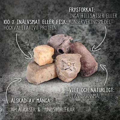 Text: 100 % inälvsmat eller fisk, högkvalitativt protein. Frystorkat: inga tillsatser eller konserveringsmedel. Vilt och naturligt: utan spannmål. Älskad av många. Alla raser & hundstorlekar.