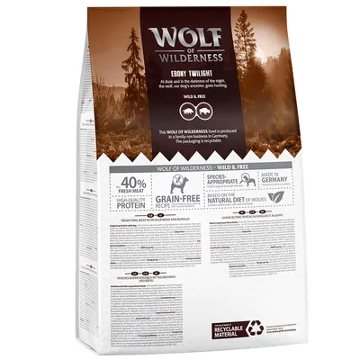 Wolf of Wilderness Ebony Twilight hundefoder, 40 % frisk kød, high-quality protein, grain-free recipe, made in Germany, recyclable material. Tekst på engelsk og tysk synlig på emballagen.
