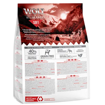Wolf of Wilderness Soft τροφή για σκύλους, 40% φρέσκο κρέας, χωρίς δημητριακά, κατάλληλη συνταγή, παρασκευάζεται στη Γερμανία, βασισμένη στη φυσική διατροφή λύκων, ανακυκλώσιμο υλικό.