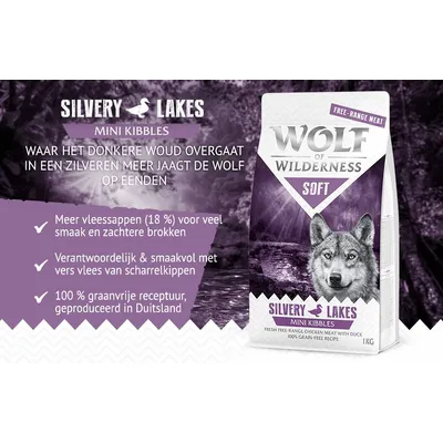 Wolf of Wilderness Soft Silvery Lakes Mini Kibbles, meer vleessappen (18%), vers vlees van scharrelkippen, 100% graanvrij, geproduceerd in Duitsland. Zak van 1 kg zichtbaar.