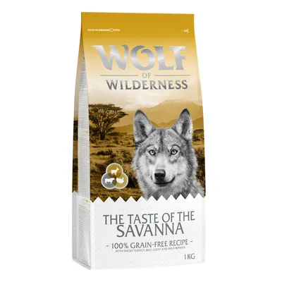 Wolf of Wilderness cibo secco, The Taste of the Savanna, 1kg, ricetta 100% senza cereali con tacchino fresco, manzo, capra e frutti di bosco selvatiche.