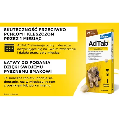 AdTab tabletki do rozgryzania i żucia dla psów 1,3–2,5 kg. Skuteczność przeciwko pchłom i kleszczom przez 1 miesiąc. Łatwy do podania dzięki smakowi. Elanco. Opakowanie z psem.