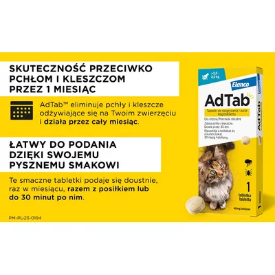 AdTab dla kotów, skuteczność przeciw pchłom i kleszczom przez 1 miesiąc. Łatwy do podania dzięki smakowi. Podawać doustnie raz w miesiącu, razem z posiłkiem lub do 30 min po nim.