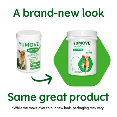 YUMOVE zeigt neues Verpackungsdesign: Links alte Dose 'Essential Joint Support Adult', rechts neue Dose 'Joint Care for Adult Dogs'. Hinweis: Produkt bleibt gleich, nur das Design ändert sich.
