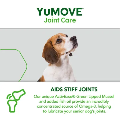 YuMOVE Joint Care. Unterstützt steife Gelenke mit ActivEase® Grünlippmuschel und Fischöl, konzentrierte Omega-3-Quelle zur Schmierung der Gelenke älterer Hunde.