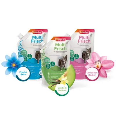 Beaphar Multi Frisch, aktiver Geruchsstopper für Katzentoiletten mit Probiotic-Technologie. Varianten: Frische Brise, Vanille & Melone, Orchideen Zauber.