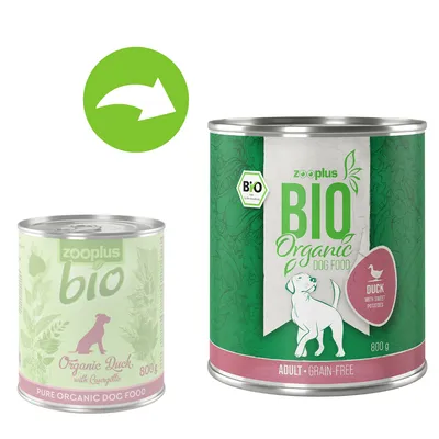 zooplus Bio Organic Dog Food, 800g Dose mit Ente und Süsskartoffeln. Adult, getreidefrei. Bio-Zertifikat sichtbar.