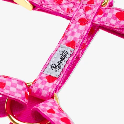 French Bandit - Harnais pour chat imprimé à carreaux roses et coeurs rouges