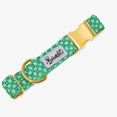 French Bandit - Collier pour chien imprimé à carreaux vert orné de fleurs