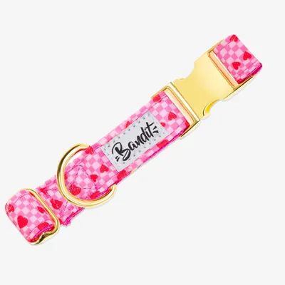 Collier pour chien imprimé à carreaux roses et coeurs rouges Sans laisse Sa Collier pour chien imprimé à carreaux roses et coeurs rouges Sans laisse Sa