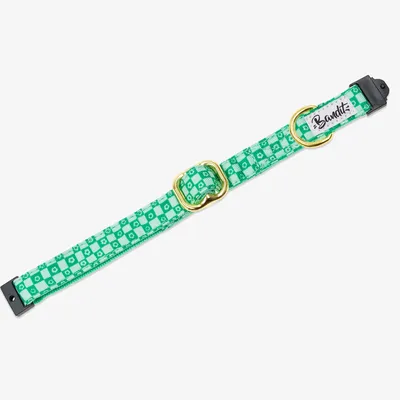 French Bandit - Collier pour chat imprimé à carreaux vert orné de fleurs