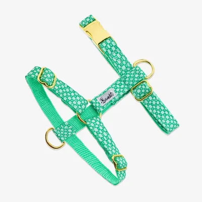 French Bandit - Harnais pour chien imprimé à carreaux verts orné de fleurs French Bandit - Harnais pour chien imprimé à carreaux verts orné de fleurs