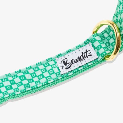 French Bandit - Laisse pour chien imprimé à carreaux vert orné de fleurs.
