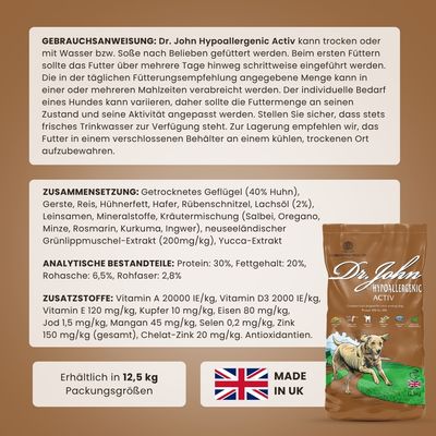 Dr John Hypoallergenic Activ Trockenfutter für aktive Hunde