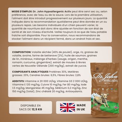 Croquettes chien actif – Dr John Hypoallergenic Activ