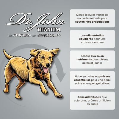 Croquettes chien actif & junior – Dr John Titanium Poulet