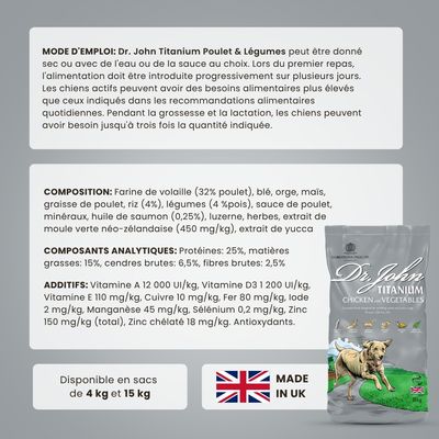 Croquettes chien actif & junior – Dr John Titanium Poulet