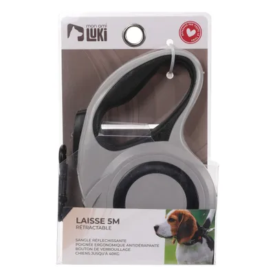Mon Ami Luki - LAISSE RETRACTABLE SANGLE REFLECHISSANTE-CHIENS 40KG - GRIS Mon Ami Luki - LAISSE RETRACTABLE SANGLE REFLECHISSANTE-CHIENS 40KG - GRIS