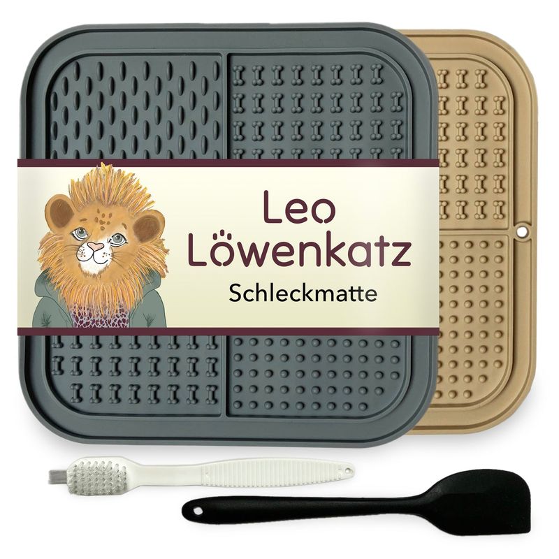 Leo Löwenkatz 2 Schleckmatten für Katzen mit Spatel und Bürste