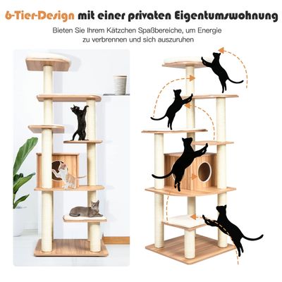 GIANTEX Katzenbaum mit 6Ebenen&großer Höhle,stabiler Kletterbaum für Katzen