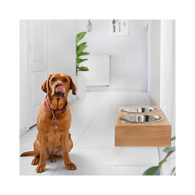 Bagane Set de 2 gamelles surélevées en acier, support mural en bois Dubuo