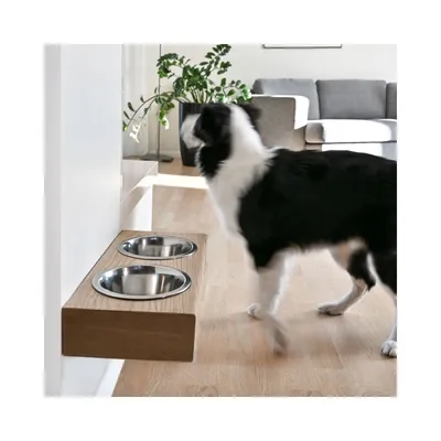 Bagane Set de 2 gamelles surélevées en acier, support mural en bois Dubuo
