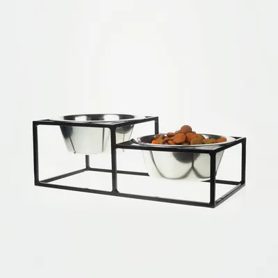 Bagane Set de 2 gamelles surélevées en acier, socle filaire métal Kum