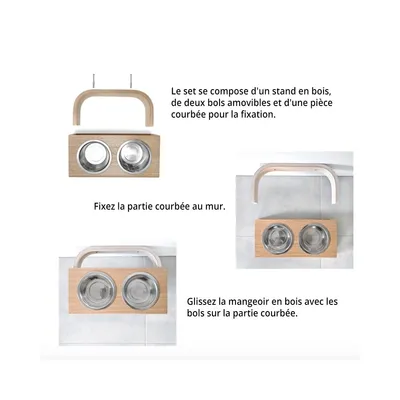 Bagane Set de 2 gamelles surélevées en acier, support mural en bois Dubuo Bagane Set de 2 gamelles surélevées en acier, support mural en bois Dubuo